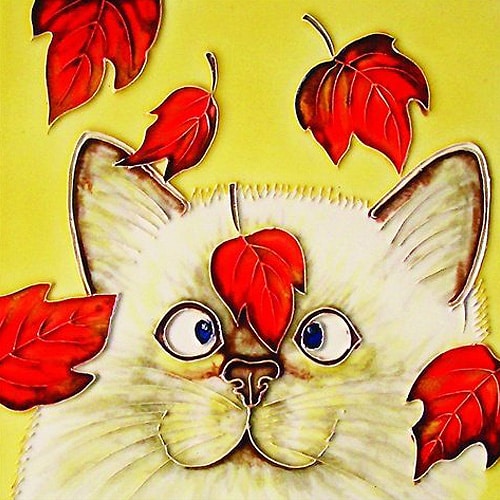Cat with Red Leaves Art Tile in Beige