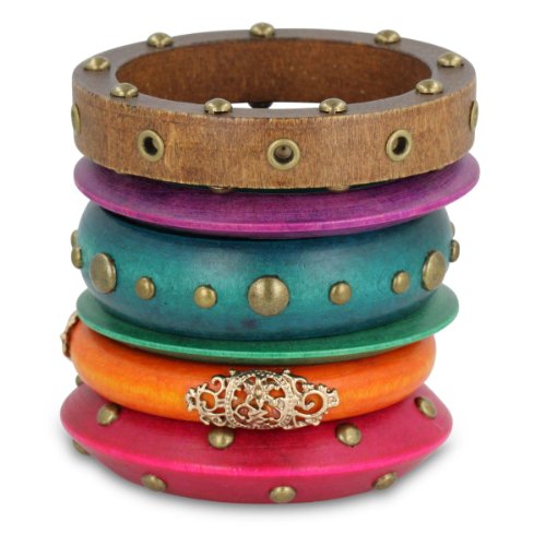 Set of Six Multi-Colored Assorted Wooden Bangle Bracelets