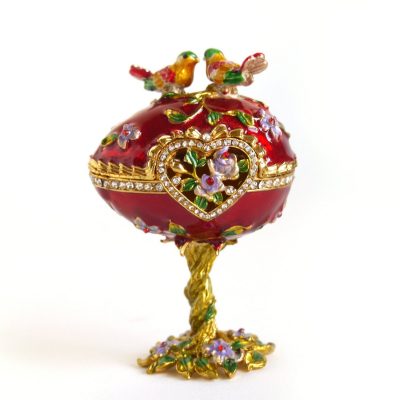 Vintage Hand Painted Love Bird Faberge Egg Rhinestone Jewerly Trinket Box