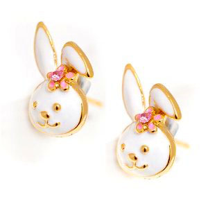 Gold Plated Cute Little Smiling Bunny with Flower Earrings in Gift Box - Cute Bunny Gifts