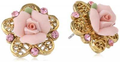 1928 Jewelry Porcelain Rose Gold-Tone and Pink Stud Earrings - Vintage Gifts