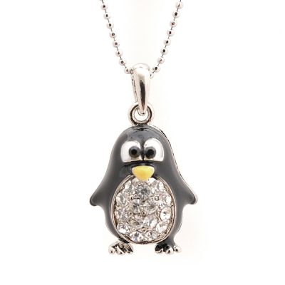 Silver Plated Round Body Cute Black Penguin Necklace