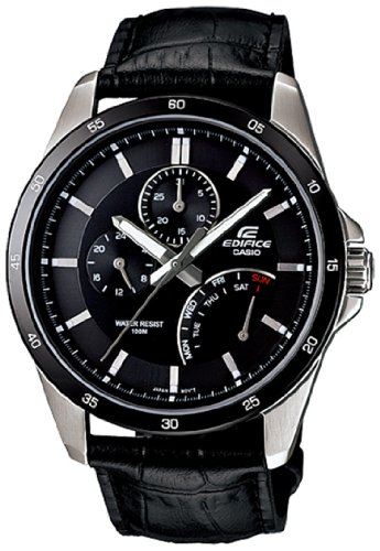 Casio Mens EF341L-1AV Black Leather Quartz Watch with Black Dial