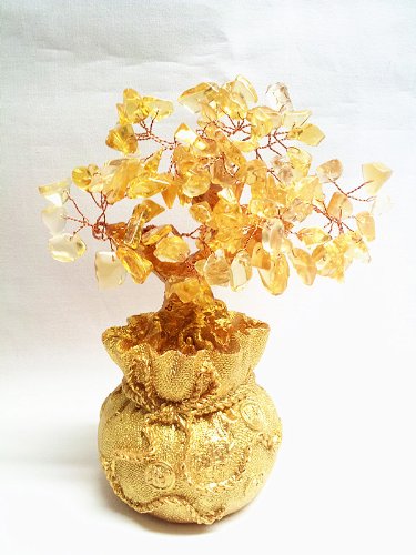  Feng Shui Citrine/ Yellow Crytal Money Tree in a Money Bag for Wealth Luck