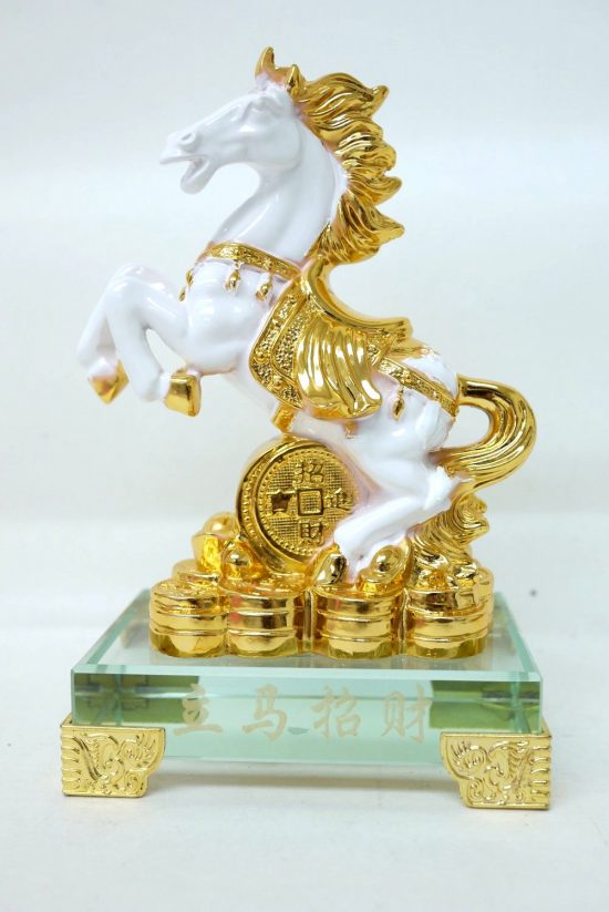 Chinese Feng Shui Gold White Horse Statue Figurine with Crystal Base