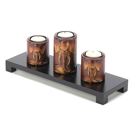 Wooden Elephant Motif Trio Set Tealight Candleholder - Inexpensive Housewarming Gifts