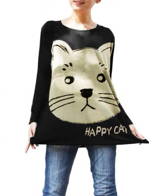 Cat Print Stretchy Loose Shirt