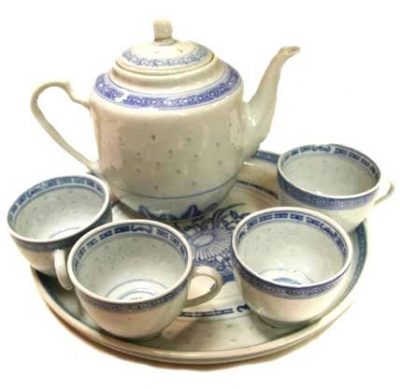 Chinese Blue and White Rice Pattern Tea Set