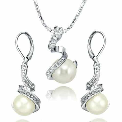White Gold Pearl Earring and Necklace Set