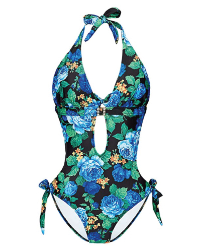 Blue Rose Floral V-Neck Cutout Swimwear