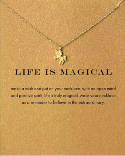 Gold unicorn necklace with message card