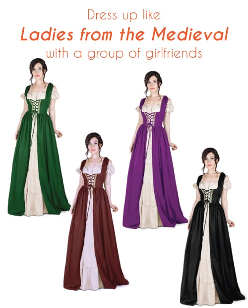 Renaissance Medieval Ladies Dress. Halloween costumes for teens. Group costumes with friends.