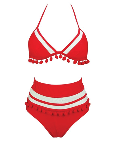 COCOSHIP Red Mesh Striped Tassel Bikini Set