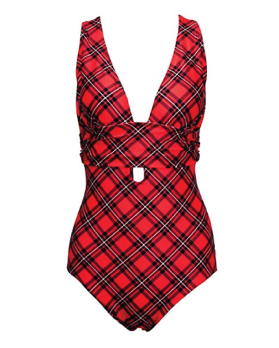 Yinhua Deep-V Red Plaid Swimsuit