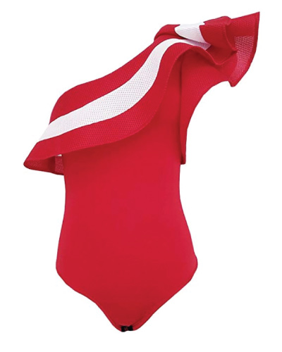 Gobought One Shoulder Ruffle Red Swimsuit