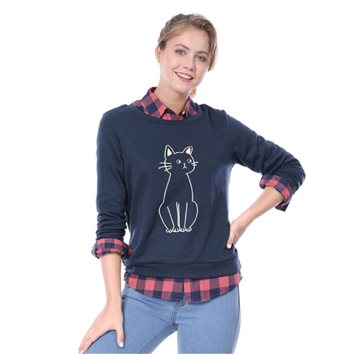 Allegra K Women's Round Neck Cat Printed Sweatshirt