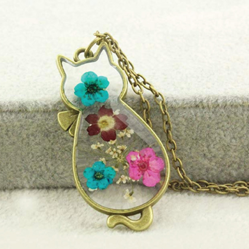 Dried Flowers Cat Shape Pendant Necklace