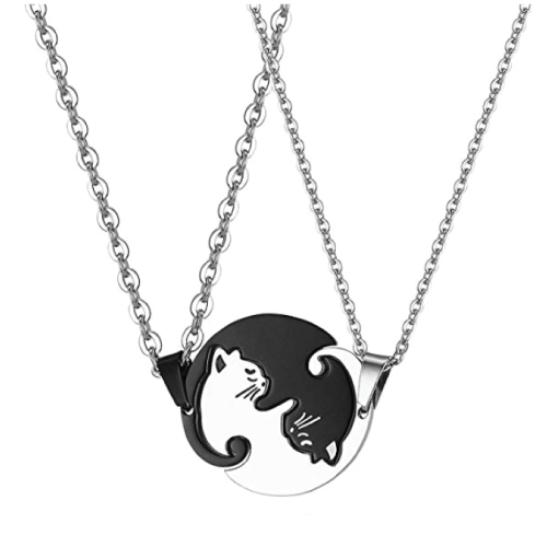 His Hers Yin Yang Cat Puzzle Pendant Necklace for Couples