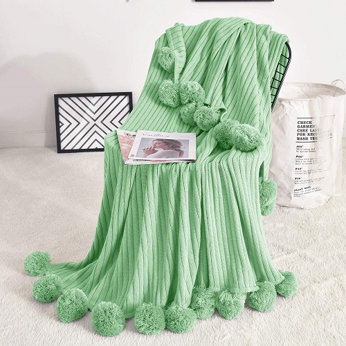 Mint Green Pom Pom Throw Blanket