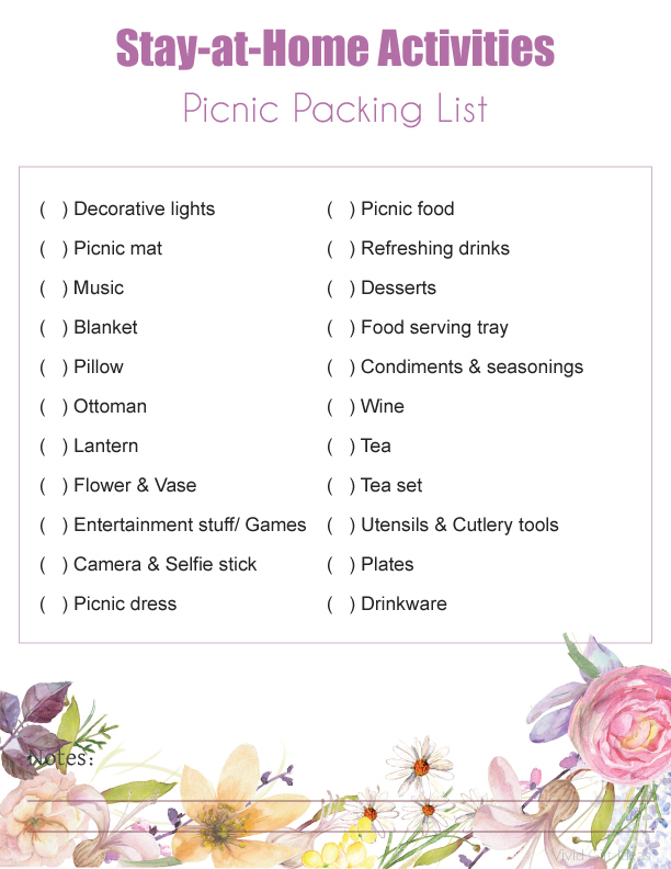 Stay at Home Picnic Checklist