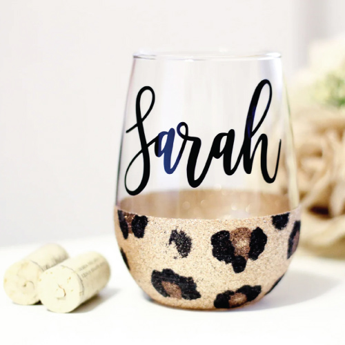 Leopard print personalized wine glass with name